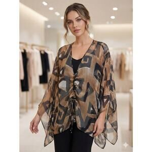 St. John 100% Silk Kaftan Blouse M/L Sheer Geometric Ruched Poncho Top REPAIR
